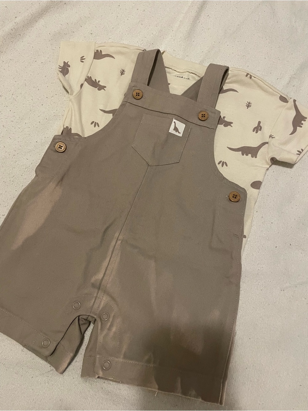3/$30 Carter's Taupe Short Overalls with Cream Dino Tee